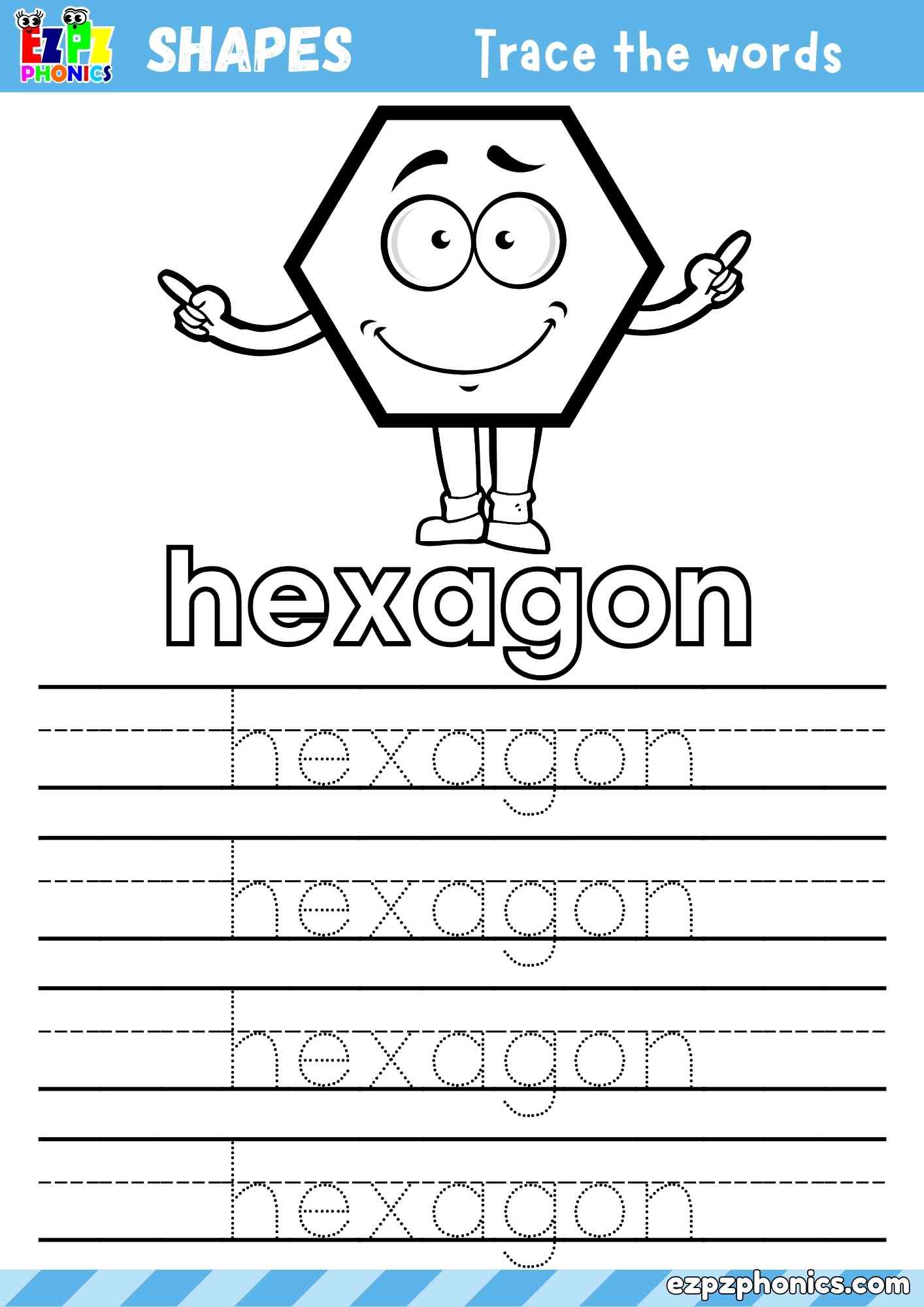 Hexagon Shape - Color the Shape and Trace the Words Activity